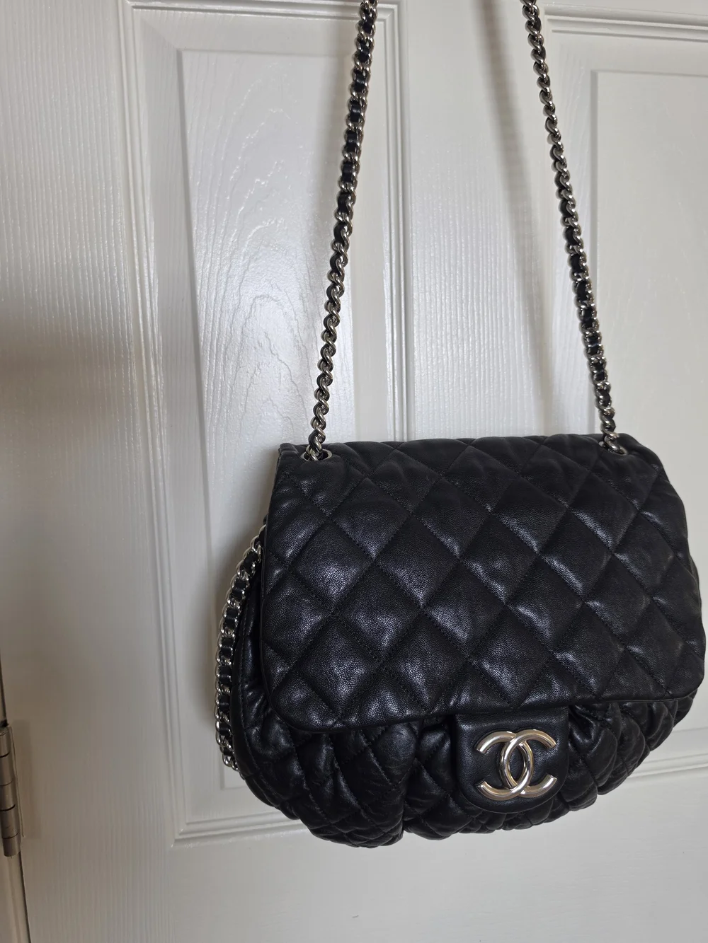 Chanel Black Puffy Quilted Lambskin Leather Chain Flap Bag